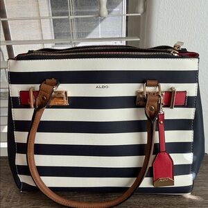 New Aldo Navy and White Striped Satchel with Red Accents
